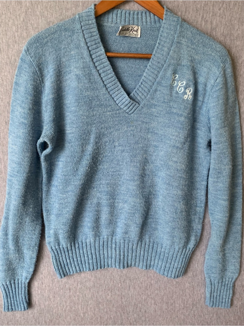Vintage Light Blue V-Neck Sweater by Cuddle Knit 70s 80s Preppy Monogram